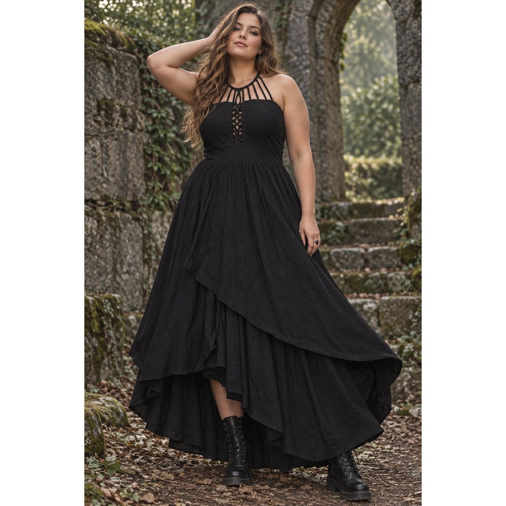 Black Corset Maxi Dress Asymmetrical Lace Up Caged Witchy Fairy Grunge Goth 16W - Picture 3 of 13